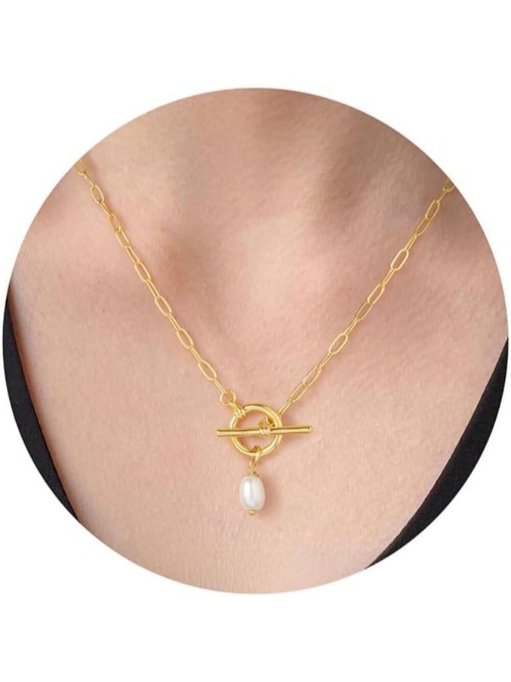Women's Pearl Toggle Gold Plated 14 Dainty Choker Pendant Elegant Necklace